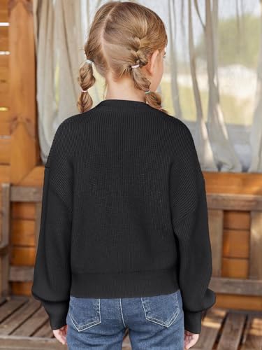 Image of Haloumoning Girls Knit Pullover Sweaters Mock Neck Long Lantern Sleeve Jumper Tops 5-14 Years Black