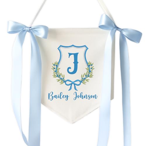 Image of Chikky Embroidered Baby Name Sign Personalized Baby Announcement Sign Newborn Baby Banner with Bows Baby Hospital Name Sign Canvas Hanging Pennant Flag Custom Infant Baby Name Baby Shower Banner (15)