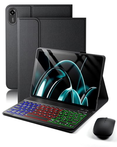 MicroTunk para Xiaomi Redmi Pad 2 (2025) / Xiaomi Redmi Pad SE (2023) 11 Pulgadas Funda con Teclado inalámbrico Bluetooth retroiluminado (Teclado QWERTY, distribución española) y ratón, Negro