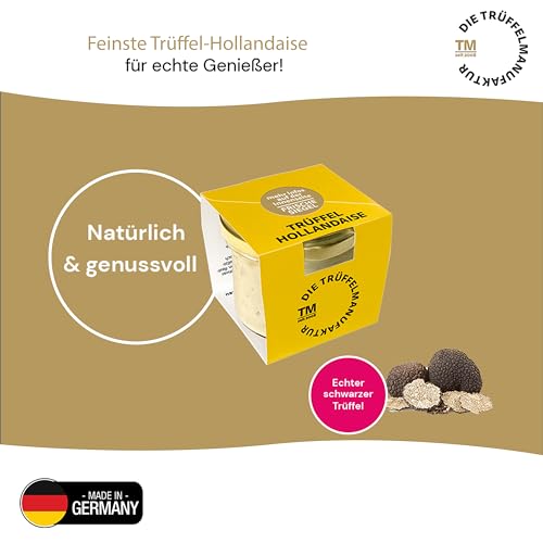 Die Trüffelmanufaktur - Trüffel Hollandaise Soße, Feinkost Trüffelcreme mit 10% echtem schwarzem Trüffel, Trüffelhollandaise Sauce für Spargel, Gemüse, Fisch & Fleisch, weiße Trüffelsoße im 90 g Glas