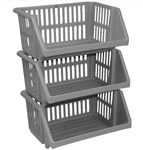 Sarrah Grey Stacking Basket - Multifunctional Storage Baskets - Made Of Plastic - Sturdy & Durable - Woven Design- Semi Open Front - Easy To Stack - Set Of 1 - 35Cm