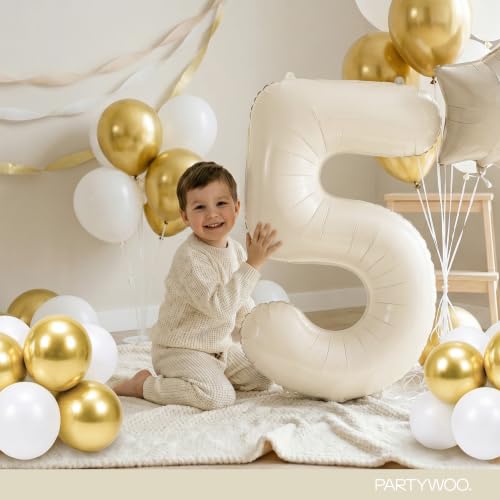 Image of PartyWoo Beige Number 5 Balloon 40 Inch 25pcs White Sand Foil Star Gold | Foil Number Large Gaint Jumbo Balloons for Birthday Bridal Baby Shower Graduation Wedding Anniversary Party Decorations