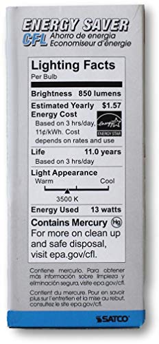 Satco S6238 Light Bulb Pack Of 4 Mini Spiral Compact Fluorescent Cfl 13W, 3500K Neutral White, 900 Lumens, E26 Medium Base, 120V, T2 Shape, 82 Cri, 60W Equivalent; 4 Bulbs Total #TOP2