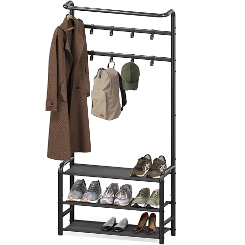 SIMPLE HOUSEWARE Coat Rack with Storage Shelf, Freestanding Hall Tree with Hooks for Entryway, Bedroom, Office, Black Metal Clothes Hanger Stand for Coats, Hats, Jackets, Bags - Black