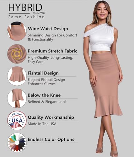 Image of HyBrid & Company Womens Premium Nylon Ponte Stretch Office Fishtail Pencil Skirt High Waist Made in The USA Below Knee