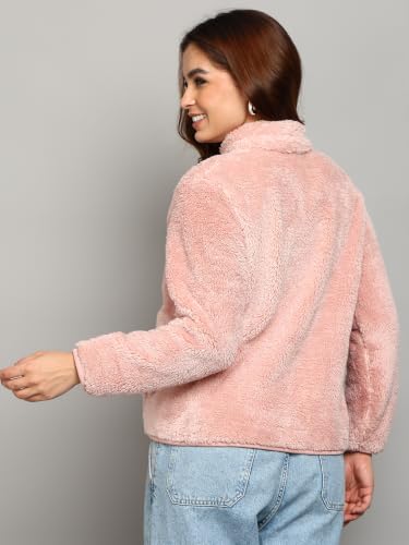 Image of Alan Jones Clothing Women's Fluffy Yarn Fleece Full-Zip Jacket | Soft Lightweight Warm Outerwear with Stand Collar & Piping at Hem & Cuffs