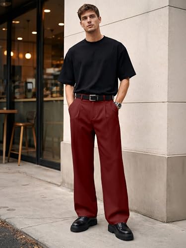 Image of JMIERR Mens Baggy Casual Dress Pants Lightweight Pleated Old Money Wide Leg Pants Loose Relaxed Fit Trousers