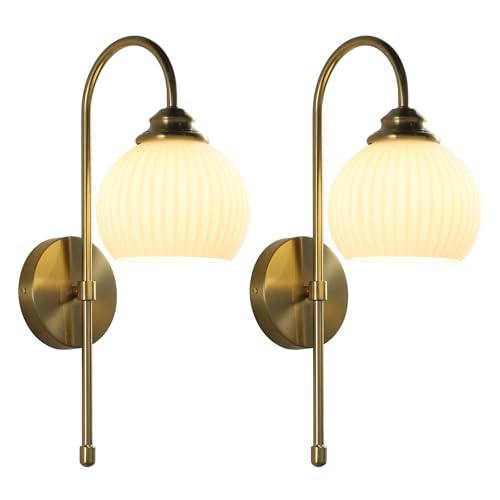 Image of KCO Lighting Gold White Cordless Wall Sconces Mid Century Modern Bedroom Sconces Set of 2 Milk Glass Wall Lamps Antique Brass Wall Light Set of Two Retro Bathroom Vanity Light Fixtures