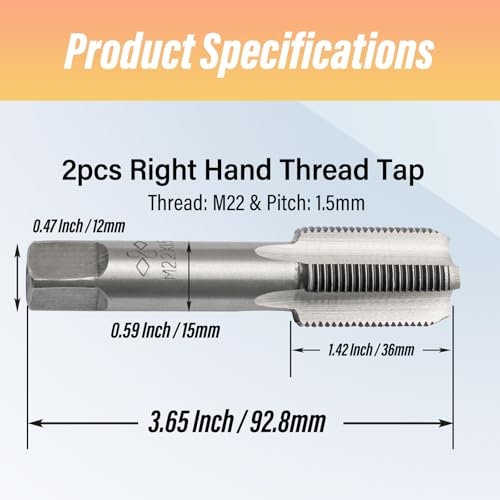 Image of 2pcs M22x1.5 Tap, M22 Metric Thread Right Hand Tapping Tool, HSS Thread Milling Taps (M22 x 1.5, 1 Pair)