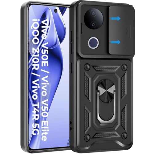Digitronix Armor Bumper Back Case Cover Compatible with iQOO Z10R 5G / Vivo V50 / V50e / T4R 5G | Stylish Ring Holder & Inbuilt Stand | Sliding Camera | Protective Design | Vivo V50 Back Cover - Black
