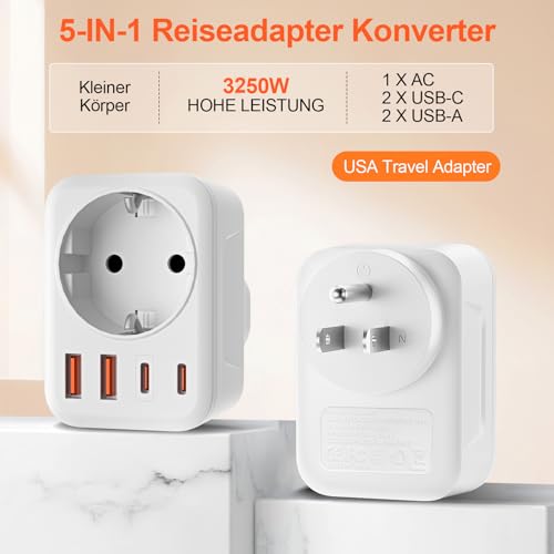 USA Adapter Steckdose, 5-In-1 Adapter USA Deutschland Stecker mit 1 AC 2 USB-C 2 USB-A (3.4A), EU to US Reiseadapter für Amerika Kanada Thailand Mexiko (White/Typ B)