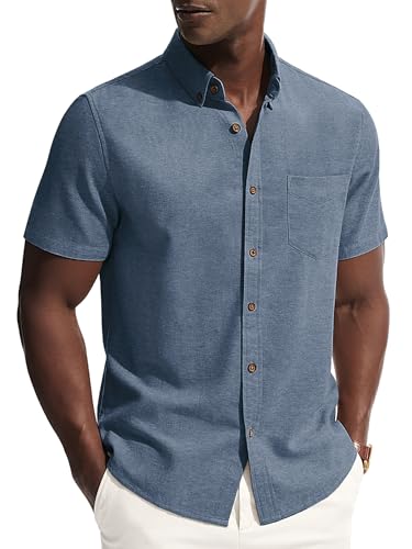 PJ PAUL JONES Linen Shirts for Men Short Sleeve Button Up Wrinkle Free Untucked Dress Shirts for Men Business Casual Shirt Slim Fit Blue