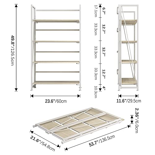 4Nm No-Assembly Folding Bookshelf Storage Shelves 4 Tiers Vintage Bookcase Standing Racks Study Organizer Home Office (Natural And White) #TOP2