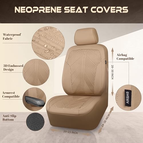 Image of CAR PASS Waterproof Car seat Covers Full Sets Neoprene Wetsuit, All-Weather Non-Slip Durable, Universal Fit for SUV Sedans Trucks Vans Automotive, Armrest Airbag Compatible, 3D Emboss All Beige