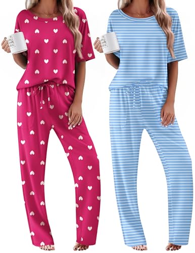 Ekouaer Pajamas for Women Cozy Loungewear Sleepwear Short Sleeve Long Pants Set Matching Pjs Set Medium