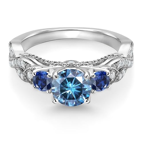 Gem Stone King 925 Sterling Silver Persian Blue Moissanite Blue Created Sapphire and White Moissanite Engagement Ring For Women (1.35 Cttw, Gemstone, Round 6MM and 3MM)3