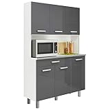 Buffet de cocina fabricado en melamina de alta calidad. Este es ideal para la organización de tu cocina, gracias a que incluye dos armarios de puertas abatibles, dos armarios de una puerta, un cajón y un hueco amplio. El cajón incluye rieles deslizantes y los armarios incluyen bisagras metálicas invisibles de cierre automático junto a tiradores anchos para una apertura y cierre sencillo.