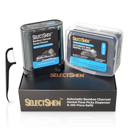 Dental Floss Picks, 288 Count (88 Flosser Dispenser + 200 Refills) – Bamboo Charcoal Floss, Refillable,Easy Travel Oral Care by SelectShen™