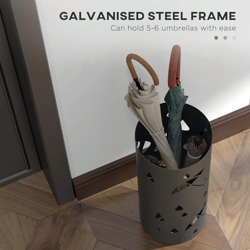 HOMCOM Galvanised Steel Umbrella Holder, Hollowed Umbrella Stand with 4 Hooks and Removable Drip Tray, Round Umbrella Basket for Hallway, Dark Grey - Cosy Home Interiors HOMCOM Galvanised Steel Umbrella Holder, Hollowed Umbrella Stand with 4 Hooks and Removable Drip Tray, Round Umbrella Basket for Hallway, Dark Grey - Image 3