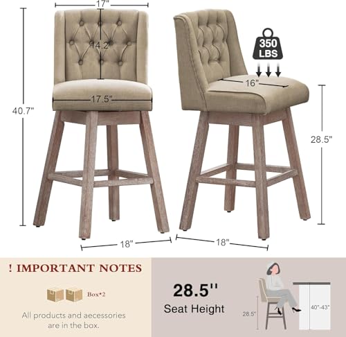 Image of Counter Height Bar Stools Set of 3, 360Swivel Bar Stools with Back and Wood Legs, 28.5 inch Morden Linen Fabric Upholstered Barstools for Kitchen Island Dining Room Bar