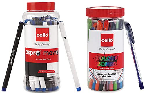 Image of Cello Aspro Mavro Ball Pen | Black Ball Pen | Pack of 50 Colour Bomb Gel Pens | 10 Vivid Ink Colours | Jar of 25 Units