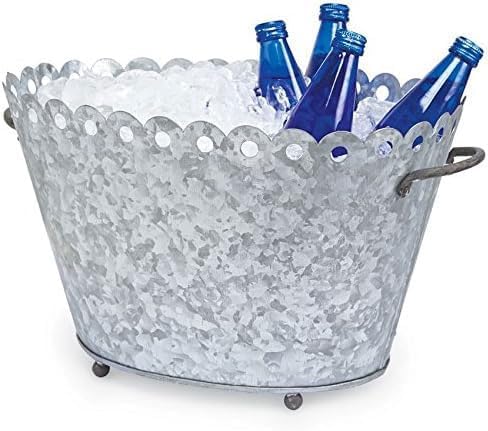 Galvanized Metal Beverage Tub with Handles and Scalloped Top Edge, Ice Bucket Party Drink Cooler, Oval Shape