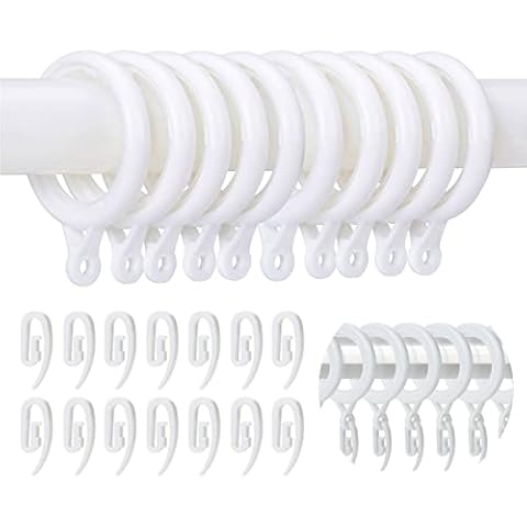 WCIC 32 Pack Curtain Rings and Hooks White 40mm Hanging Rings Hooks Plastic Curtain Rings with Hooks for Hanging Curtains Cover