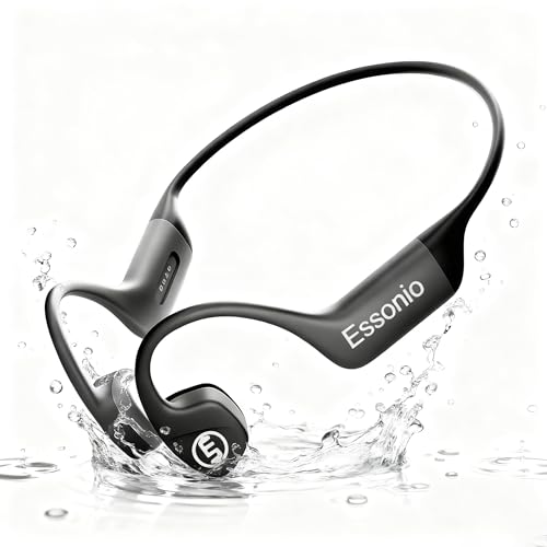 Essonio Bone Conduction Headphones IP68 Waterproof Swimming Headphones with Mic Bluetooth Open Ear Earbuds with MP3 Mode 32GB Memory Deep Bass Secure Fit for Running, Cycling and Fitness, Black