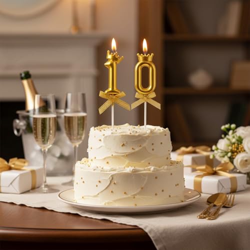 Image of Rozi Decoration Number 10 Birthday Candle Set Gold with Crown Design | Cake Topper Candles with Stick | Birthday and Anniversary Cake Decoration