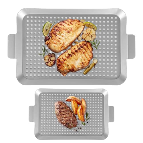 Bosreroy 2 Grill Trays with Perforations and Handles, Outdoor BBQ Griddle Plates, Medium & Small Sizes, Ideal for Roasting Fish, Veggies, Meat, Multiuse Baking Sheets