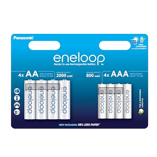 eneloop, AA/Mignon + AAA/Micro NI-MH Akku, 8er-Pack, Kapazität mit min. 2000 + 800 mAh, Ready-to-Use NI-MH Akkus, bis zu 2000 Mal wiederaufladbar, plastikfreier Verpackung, Standard, weiß
