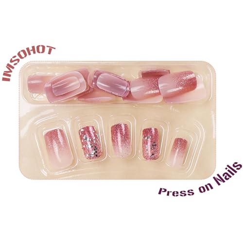 IMSOHOT Short Press on Nails Short Square Fake Nails Purple Sequins Full Cover Glossy Glue on Nails Artificial Squoval Pink Glitter False Nails For Women Girls 24Pcs