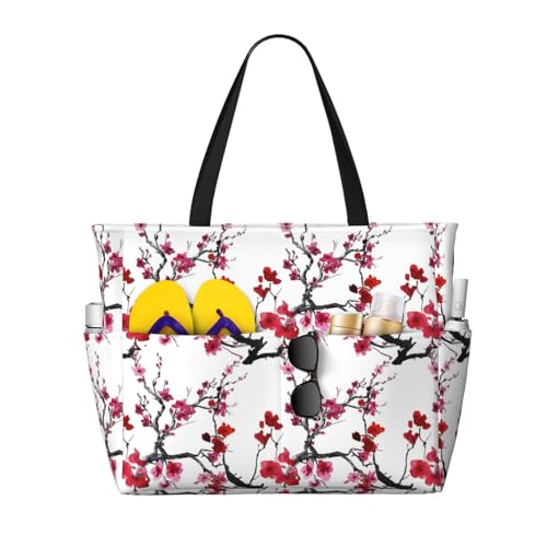 Cherry Blossoms Print Large Beach Tote Bag for Women Extra Large Capacity Sandproof Waterproof Pool Bag Suitable for Swimming Pool Gym Groceries Travel