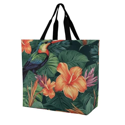 Tropical Plant Bird Flowers Large Grocery Tote Bag Women Fashion Handbag Duty Reusable Shoulder Bag for Travel Vacation Shopping Beach Bags