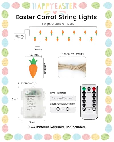 Image of YIQU Easter Decoration String Lights, 10FT 12LED Indoor Carrot Mantel Garland Battery Operated with Remote Timer 8 Modes, Hemp Rope Banner for Fireplace Table Wall Spring Party Indoor Outdoor Decor