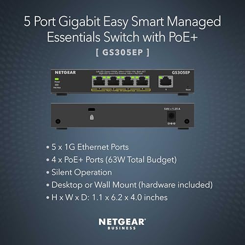 Image of NETGEAR 5 Port PoE Gigabit Ethernet Easy Smart Managed Essentials Switch (GS305EP) - with 4 x PoE+ @ 63W, Desktop or Wall Mount