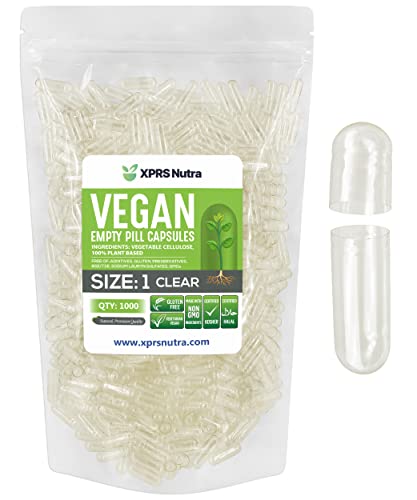 Image of XPRS Nutra Size 1 Empty Capsules - 1000 Count Clear Empty Vegan Capsules - Vegetarian Pills - DIY Vegetable Capsule Filling- Veggie Pill Caps for Do-It-Yourself Supplements