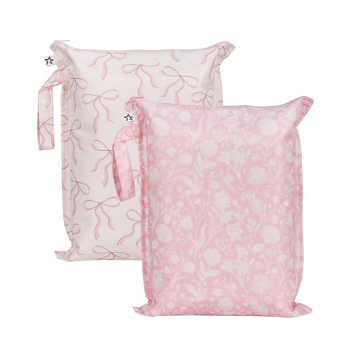 Tiny Twinkle Mess Proof Wet Bags | 2-Pack Reusable Waterproof Wet Bags for Swimsuits | Baby Clothes | Travel & Diaper Bag (Bows,Toile)