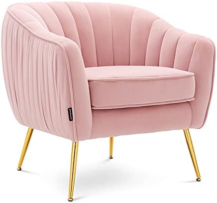 Artechworks Velvet ModernTub Barrel Arm Chair Upholstered Tufted with Golden Legs Accent Club Chair for Living Reading Room Bedroom, Pink