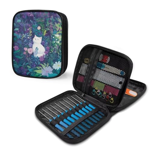 Image of Cute Kitten Crochet Hook Case Flower Knitting Needle Storage with Web Pockets for Home Park Hand Washable Parents Gifts Holiday