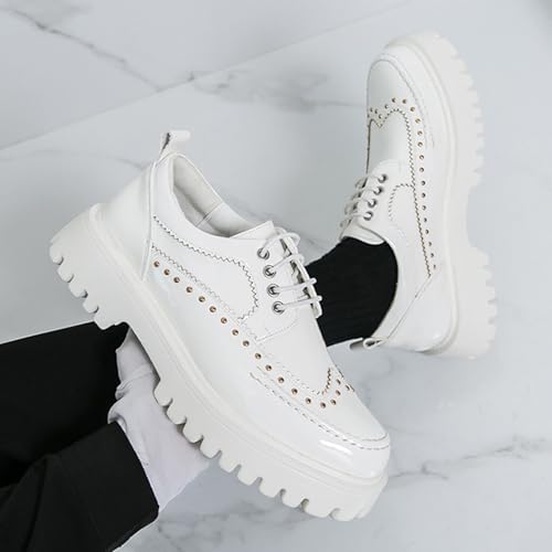 Image of Men's Patent Leather Platform Wingtip Oxford Shoes with Rivets Round Toe Lace Up Lug Sole Brogue Dress Shoes Comfortable Business Work Causal Derby Oxfords