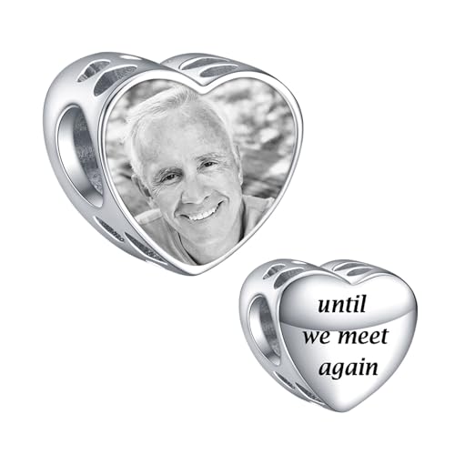 NINGAN Personalized Photo Charms For Bracelets/Necklace 925 Sterling Silver Love Heart Shaped Engraved Customize Picture Gift for Birthday Mother's Day,Bead Charms Jewelry for Women
