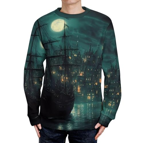 Sailing Ships in The Old City Port Men's Crew Neck Sweater Knit Pullover Women Casual Long Sleeve Crewneck Loose Fit Top