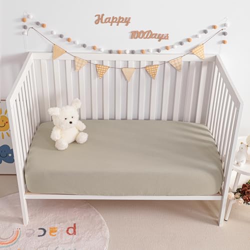 Image of NTBAY 2 Pack Muslin Cotton Crib Sheets, Soft and Breathable Double Layer 28x52 Baby Crib Sheets for Standard Crib and Toddler Mattresses, Boys, Girls, Unisex, Khaki, 28x52 Inches