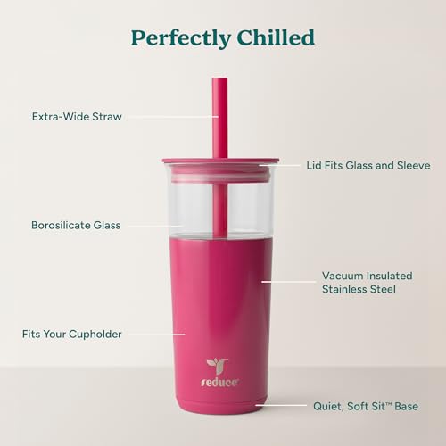 Image of REDUCE Aspen 20 oz Vacuum Insulated Glass Tumbler with Lid & Extra Wide Straw - Keeps Drinks Cold for 12 Hrs - Ideal for Iced Coffee, Smoothies & Boba - Dishwasher Safe, Soft Base - Dragonfruit