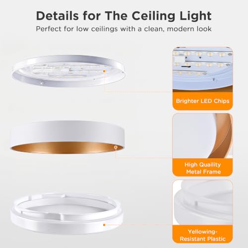 Image of LUTEC Flush Mount Ceiling Light, White with Gold Interior, 13in 23W Dimmable LED Ceiling Lights, 3000K Daylight, 3000lm Super Bright Energy-Efficient Modern Lamp for Bedroom, Hallway, Kitchen