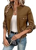 EVALESS Womens Brown Utility Jacket Roll Up Long Sleeve Fall Crop Chaquetas De Mujer Stand Collar Solid Lightweight Outwear Medium