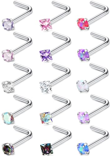 MILACOLATO Hypoallergenic Nose Rings 15Pcs 18G 20G Surgical Stainless Steel Nose Rings Studs L Shaped Screw Studs Rings Cubic Zirconia Nose Ring Labret Lip Nose Piercing Jewelry for Women Men