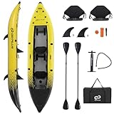 COSTWAY Juego de Kayak Hinchable 2 Plazas, 381 cm Barca Hinchable Portátil con Capacidad de 230 kg, 2 Asientos Acolchados y Reposapiés Ajustables, Remos de Aluminio y Bomba de Mano (Amarilla)