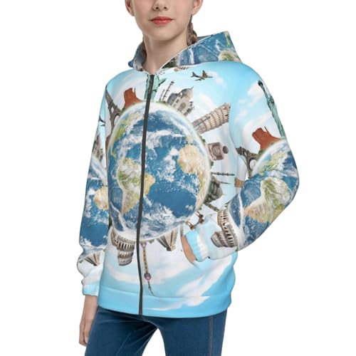 World Travel Kid Hoodies Boys Zip Up Sweatshirts Girls Pullover with Pocket